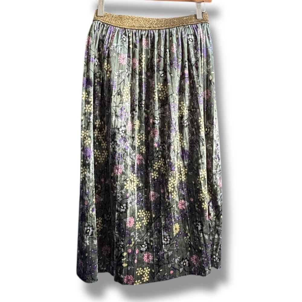 ModCloth Green Floral Pleated Velvet Midi Skirt Gold Glitter Waist Romantic - Picture 3 of 11